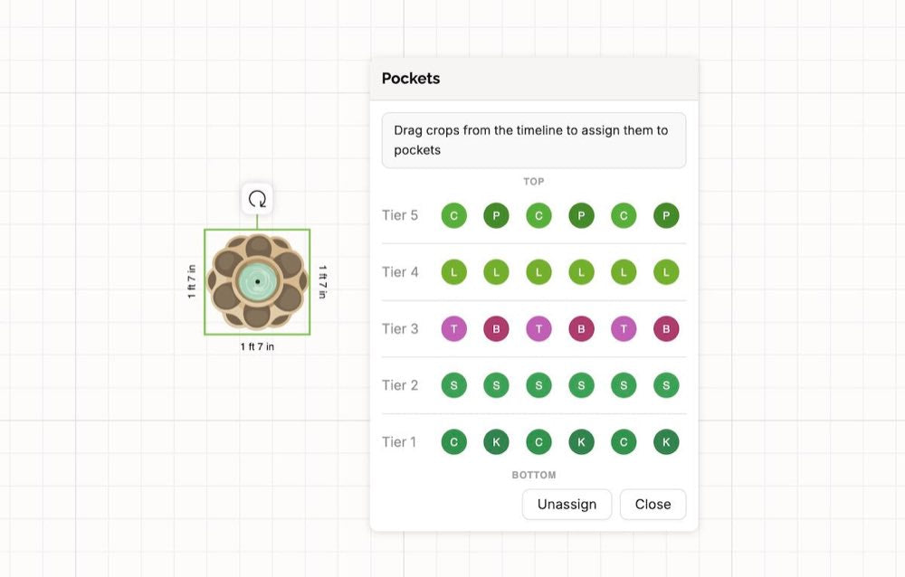 A GreenStalk vertical planter drawn in the Seedtime layout planner at 1 ft 7 in across, with its Pockets panel open and a crop assigned to all six pockets on each of the five tiers