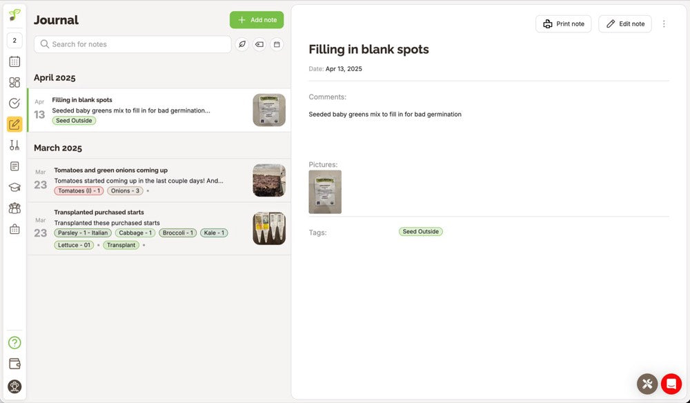 Seedtime garden journal showing dated entries with photos and crop tags