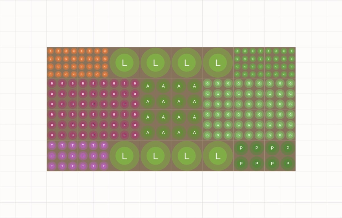 A raised bed in the Seedtime layout planner divided into square foot squares, each square filled with the right number of plants for its crop: blocks of sixteen carrots, nine beets, four lettuces and single larger plants