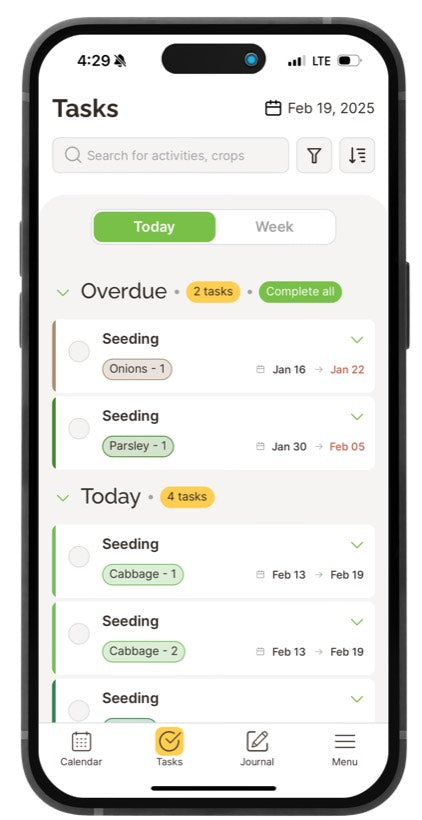 The Seedtime mobile app on a phone, showing the task list with Overdue and Today groups, crop pills and a Complete all button