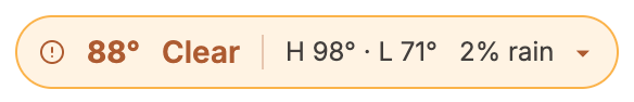 The weather pill in the Seedtime calendar header, reading 88 degrees and Clear, with high 98, low 71 and 2 percent rain
