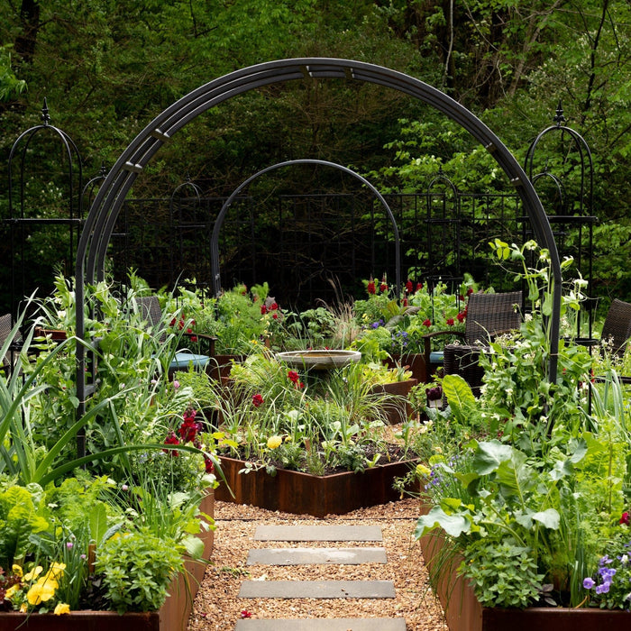 Rustic raised garden with corten steel beds, black metal arches, gravel path, vibrant herbs, vegetables, and flowers.