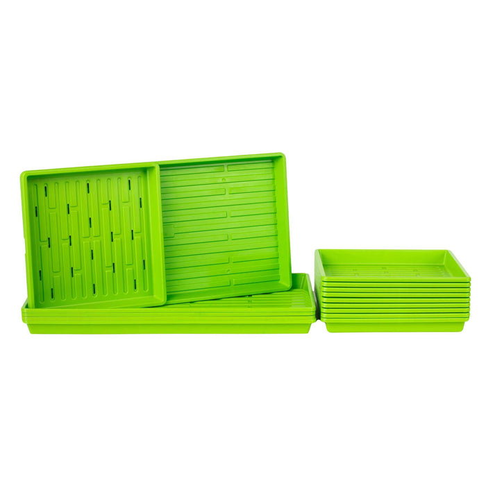 Stacked lime green microgreen growing trays. Seed sprouting and hydroponic plant starter kit for garden or indoor use.