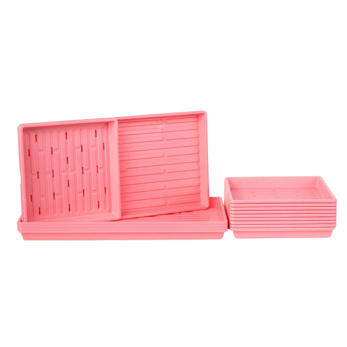 Stackable pink microgreen trays. Includes perforated and solid seed starting nursery trays for hydroponics.