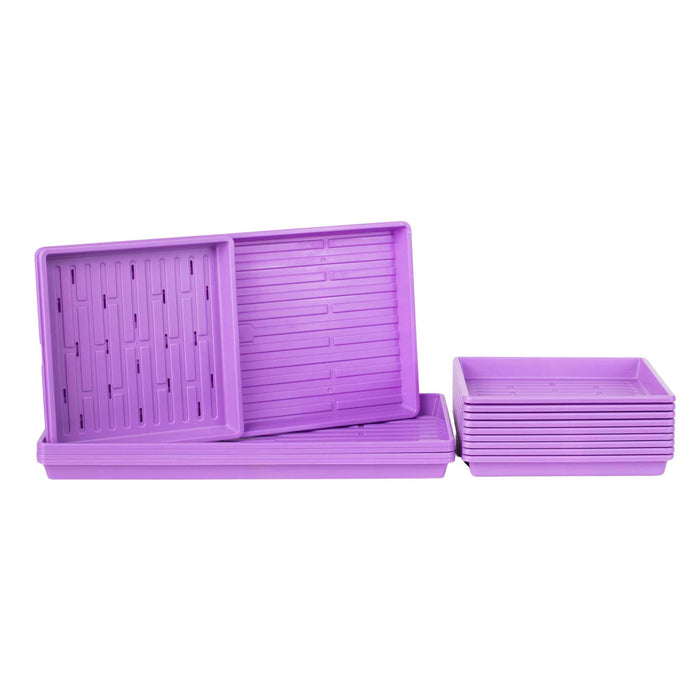 Purple microgreen and seedling grow trays with drainage and solid bottom trays, stacked.