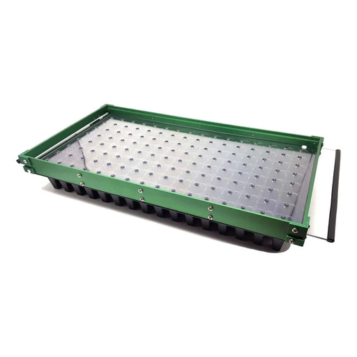 Green and black propagation tray with clear domed lid for seed starting, features multiple seedling cells & handle.