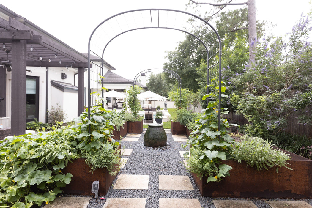 Backyard edible garden with climbing plants on metal arches, Corten steel raised beds, gravel path, and patio.