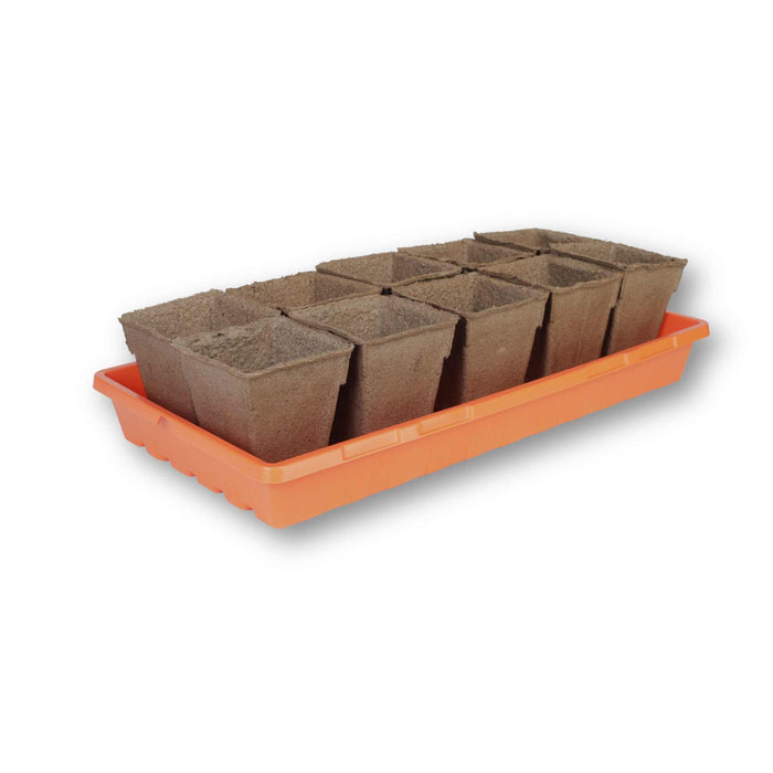 Ten square biodegradable peat pots in an orange nursery tray for seed starting and plant propagation.