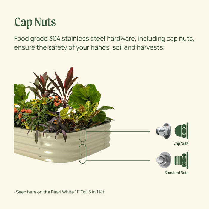 Pearl White raised garden bed with plants. Close-up compares 304 stainless steel cap nuts to standard nuts for safety.