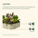 Pearl White raised garden bed with plants. Close-up compares 304 stainless steel cap nuts to standard nuts for safety.