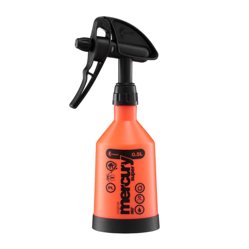 Kwazar Mercury Super 0.5L orange spray bottle with black trigger. 360° versatile sprayer for cleaning, plants, and professional use.