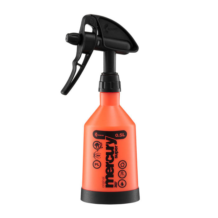 Kwazar Mercury Super 0.5L orange spray bottle with black trigger. 360° versatile sprayer for cleaning, plants, and professional use.