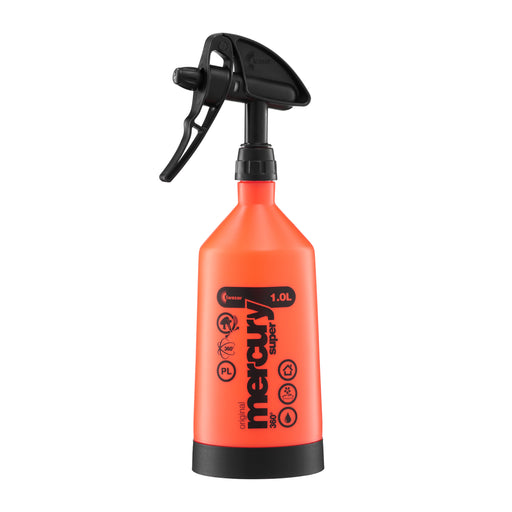 Kwazar Mercury Super 1.0L orange trigger spray bottle with 360° function for versatile cleaning, home, garden.
