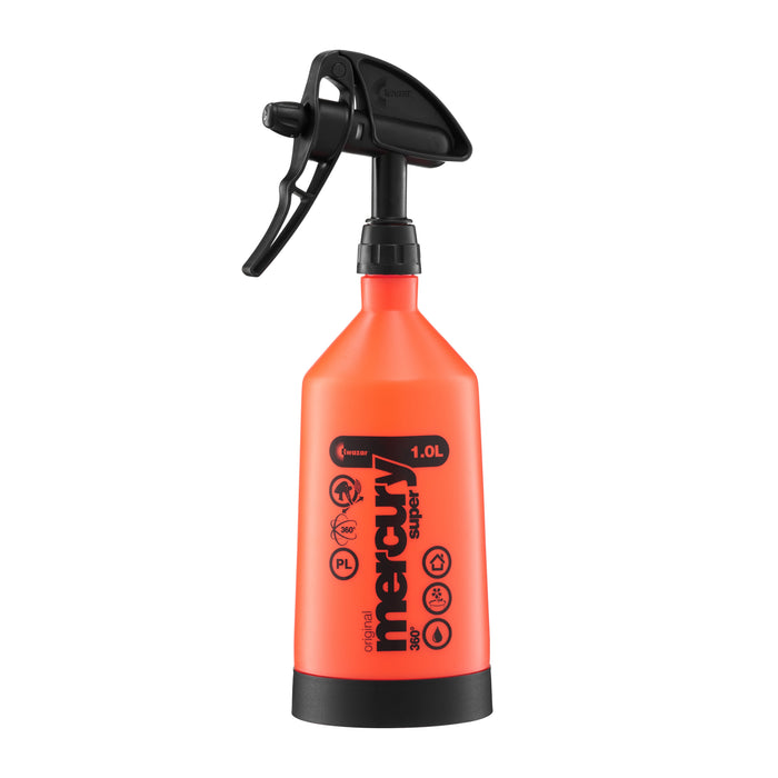 Kwazar Mercury Super 1.0L orange trigger spray bottle with 360° function for versatile cleaning, home, garden.
