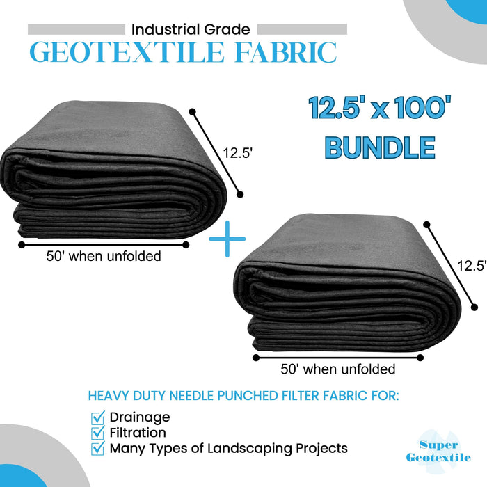 Industrial grade needle-punched geotextile fabric, 12.5'x100' bundle for drainage, filtration, landscaping projects.
