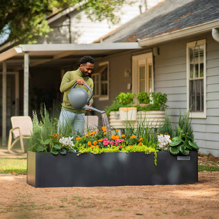 Smiling man waters colorful flowers in a black raised garden bed in a backyard. Perfect for home gardening.