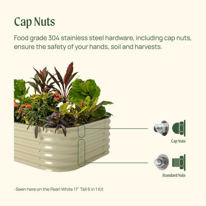 Pearl White 17" tall raised garden bed. Safe food-grade 304 stainless steel cap nuts compared to standard exposed nuts.