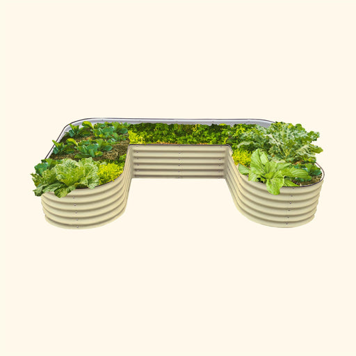 U-shaped corrugated metal raised garden bed with various green vegetables: kale, lettuce, cabbage, bok choy.