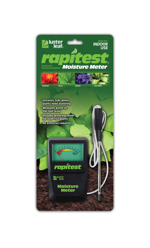 Luster Leaf Rapitest Moisture Meter for indoor plants. Measures soil moisture from dry to wet, no batteries needed.
