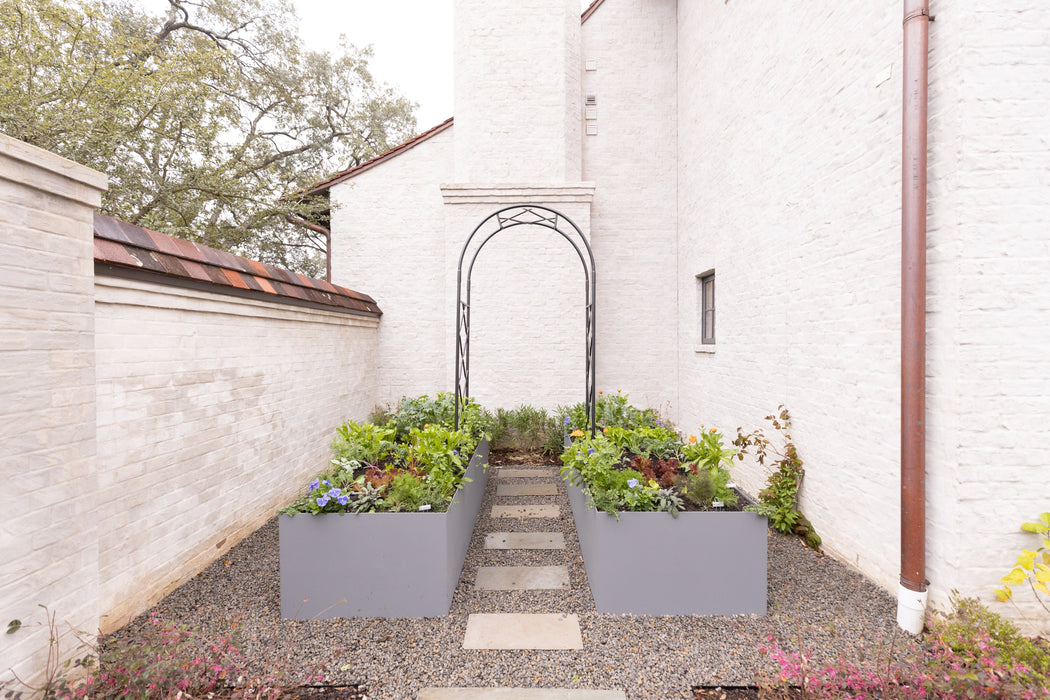 White brick courtyard garden with modern grey raised beds, vibrant herbs, flowers, black arch, and gravel path.