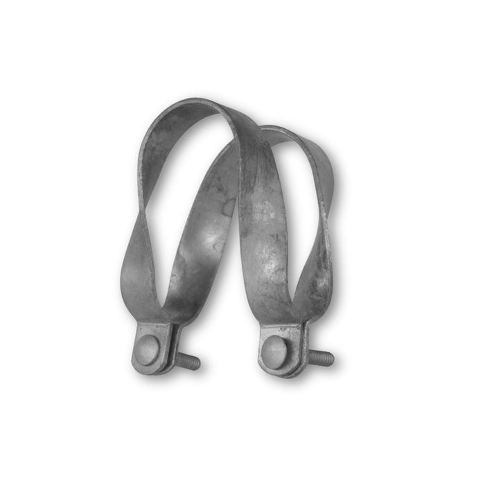 Two galvanized steel pipe hangers with bolts. Metal clamps for plumbing, conduit, or fence posts.