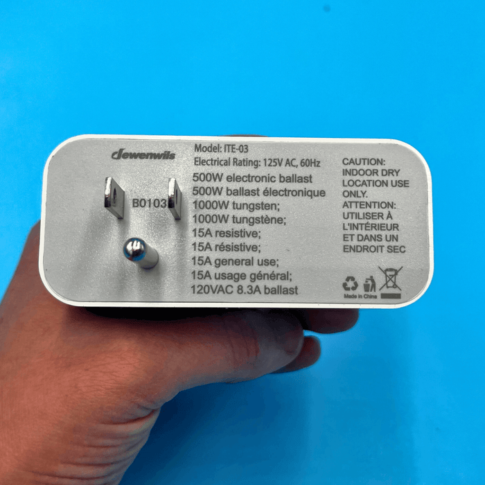 Jewenwils ITE-03 power adapter plug, 125V AC, 15A, 1000W electronic ballast. Indoor use only.