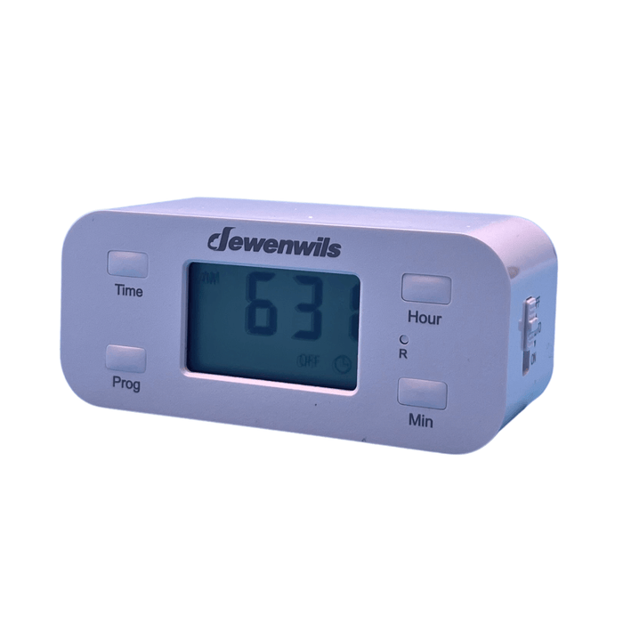 Dewenwils programmable digital thermostat. White unit displays 63 degrees, OFF, with Time/Prog/Hour/Min buttons and mode switch.