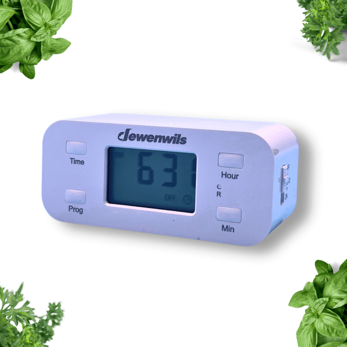 Dewenwils digital programmable timer showing '63 OFF' on display. White unit with buttons, framed by fresh herbs. Grow light timer.