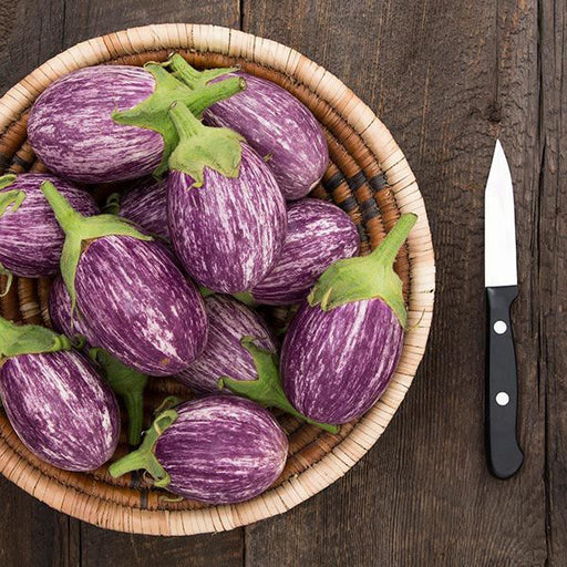 Fresh purple and white striped graffiti eggplants in a wicker basket on a rustic wooden table with a knife.