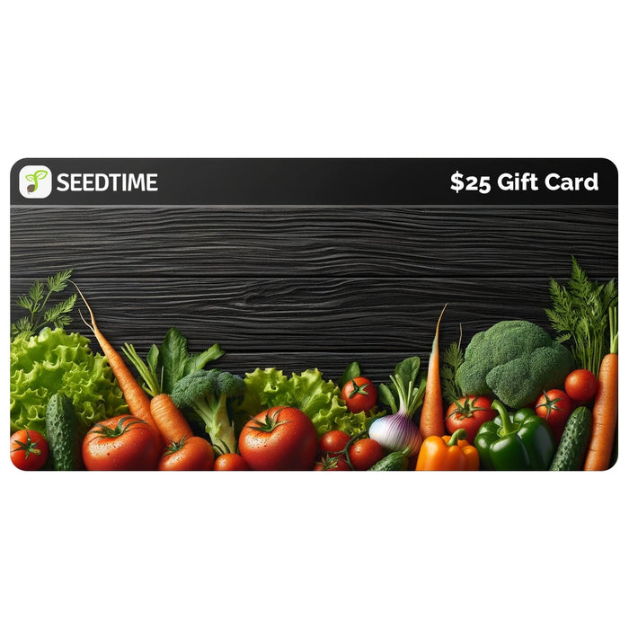 Seedtime $25 Gift Card with vibrant fresh vegetables: lettuce, carrots, tomatoes, broccoli, peppers, cucumbers.