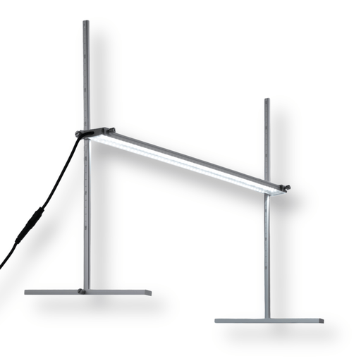 Adjustable LED light bar on two height-marked stands. Bright white light, ideal for grow lights or lab experiments.