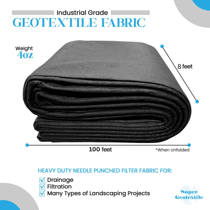 Super Geotextile 4oz industrial grade geotextile fabric, 8x100 ft roll. Heavy duty for drainage, filtration, landscaping.