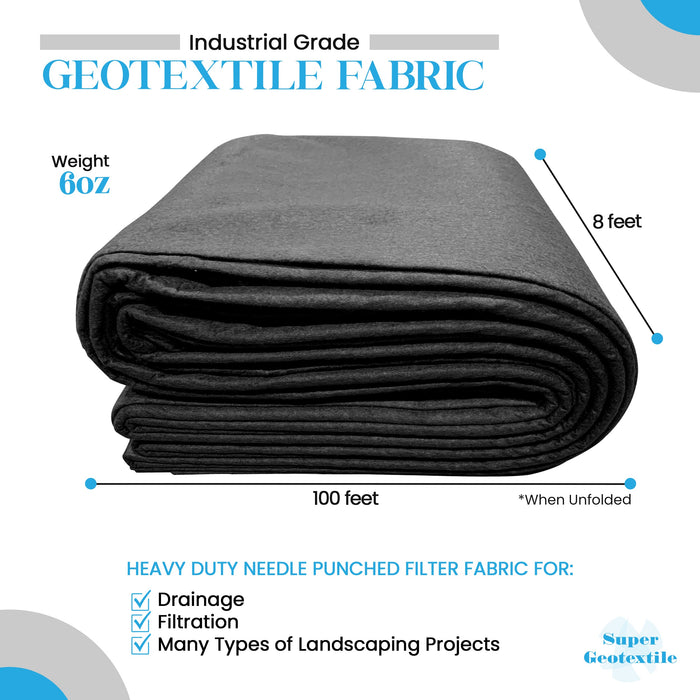 Industrial grade 6oz geotextile fabric, 8x100ft roll for drainage, filtration, and landscaping projects. Heavy duty filter.