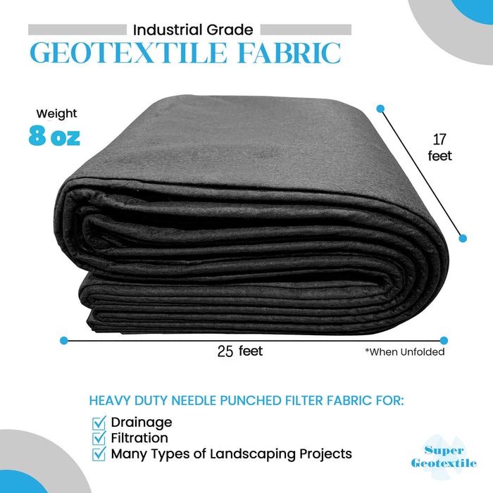 Industrial grade 8oz geotextile fabric, 17x25ft heavy duty needle punched for drainage, filtration, landscaping.
