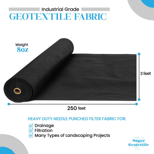 Industrial grade 8oz black needle punched geotextile filter fabric roll, 3x250ft, for drainage, filtration, landscaping.