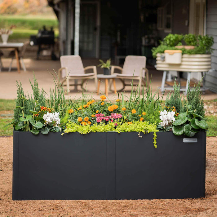 Modern black Vego Garden raised planter box filled with vibrant marigolds, cyclamen, and lush green plants on a patio.