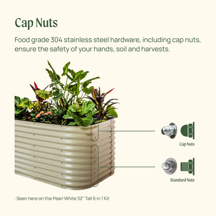 Food-grade 304 stainless steel cap nuts on a Pearl White raised garden bed, ensuring safe gardening and harvests.