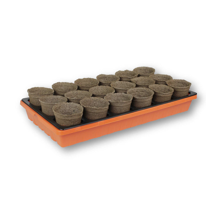 Orange seed starting tray with 24 brown biodegradable peat pots for gardening and seedlings.