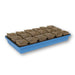Blue seed starting tray with 20 brown biodegradable peat pots, filled with soil. Great for germinating seeds and plant propagation.