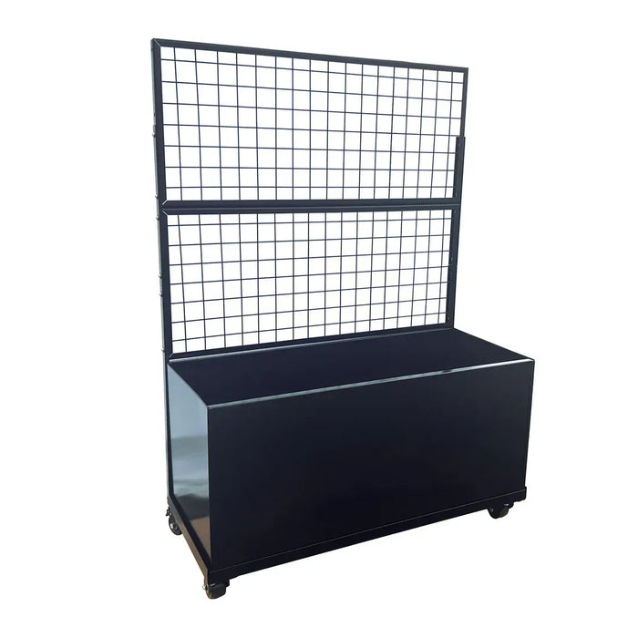 Black mobile gridwall display with bottom storage bin. Retail merchandising fixture.