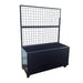 Black mobile gridwall display with bottom storage bin. Retail merchandising fixture.
