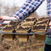 Hands holding a tray of biodegradable peat pots filled with potting soil. Ideal for seed starting and gardening.
