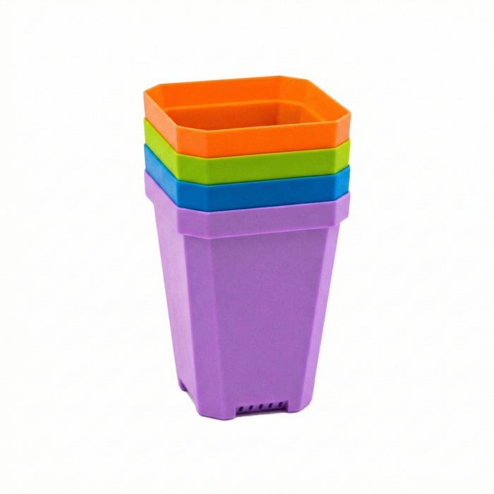Colorful stacked plastic seedling pots (purple, blue, green, orange). Tapered design for gardening & propagation.