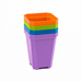 Colorful stacked plastic seedling pots (purple, blue, green, orange). Tapered design for gardening & propagation.