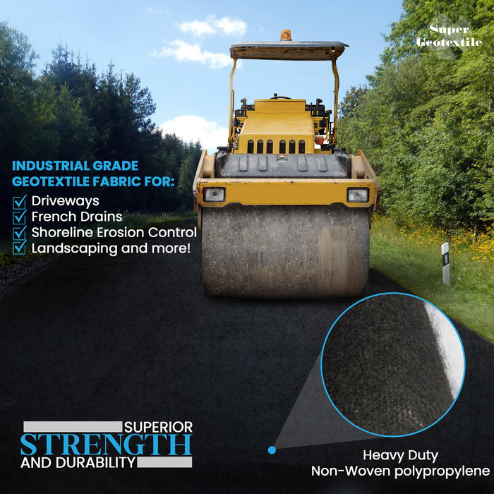 Industrial grade geotextile fabric with a road roller compacting a driveway. Features heavy-duty non-woven polypropylene for drainage & erosion.