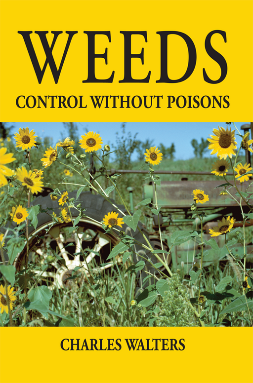 "Weeds Control Without Poisons" book cover. Wildflowers, old tractor in a natural field. Organic weed management.
