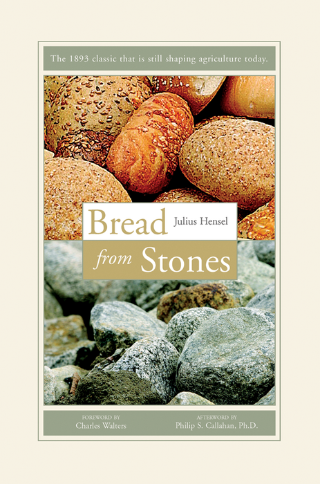 Book cover: Julius Hensel's 'Bread from Stones.' Rustic seeded and plain bread rolls above natural gray rocks. Agriculture classic.