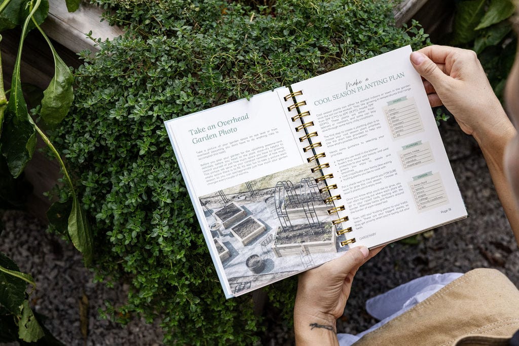 Open gardening planner showing cool season planting guide and garden layout, held over thriving green plants.