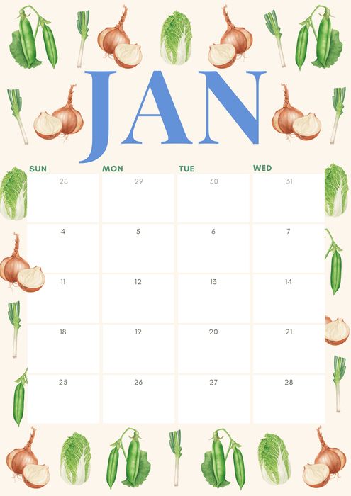 January calendar with watercolor vegetables: peas, onions, scallions, napa cabbage. Seasonal eating monthly planner.