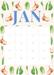 January calendar with watercolor vegetables: peas, onions, scallions, napa cabbage. Seasonal eating monthly planner.